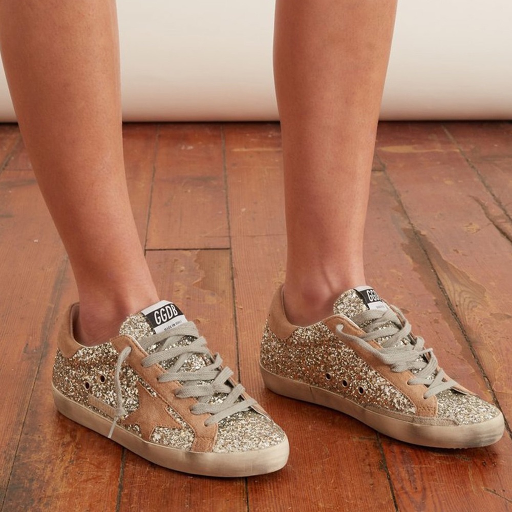 Golden Goose Glitter & Suede Superstar Sneaker in Silver and Tan